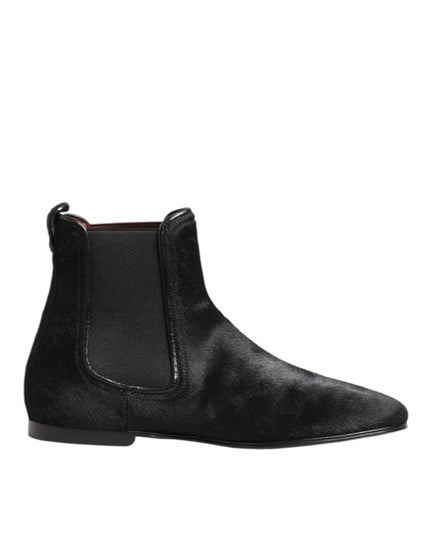 Dolce & Gabbana Black Leather Fur Men CHELSEA Boots Shoes