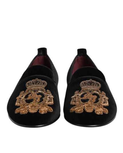 Dolce & Gabbana Black Velvet Gold Crown Mens Loafers Shoes