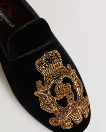 Dolce & Gabbana Black Velvet Gold Crown Mens Loafers Shoes