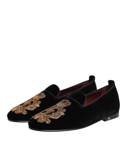 Dolce & Gabbana Black Velvet Gold Crown Mens Loafers Shoes