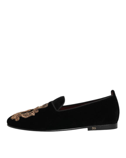 Dolce & Gabbana Black Velvet Gold Crown Mens Loafers Shoes
