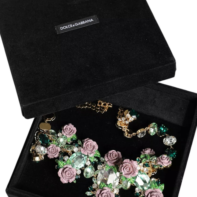 Dolce & Gabbana Gold Brass Link Chain Rose Petal Crystal Necklace