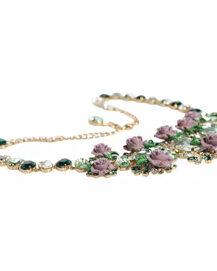 Dolce & Gabbana Gold Brass Link Chain Rose Petal Crystal Necklace
