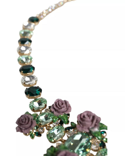 Dolce & Gabbana Gold Brass Link Chain Rose Petal Crystal Necklace