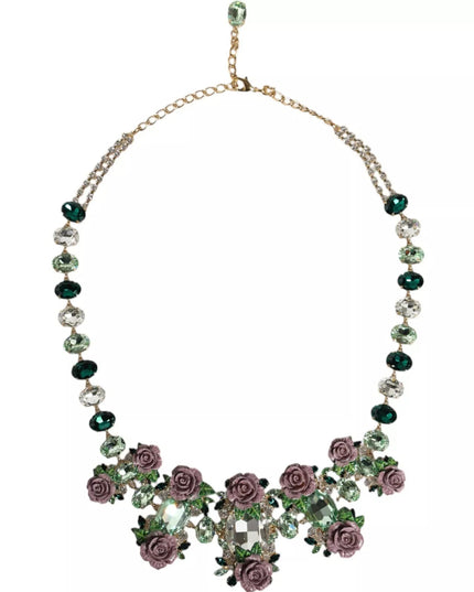 Dolce & Gabbana Gold Brass Link Chain Rose Petal Crystal Necklace