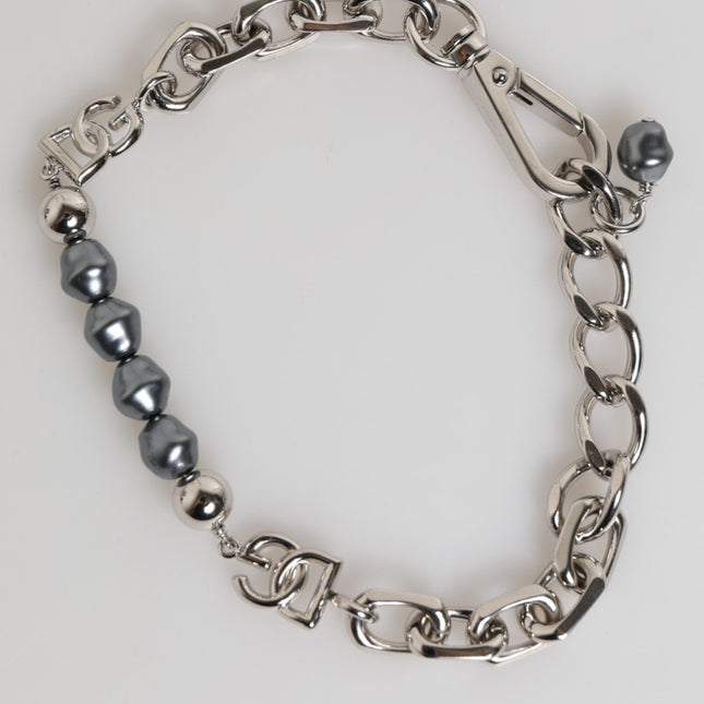 Dolce & Gabbana Silver Tone Chain Lobster Clasp Logo Gray Pearls Bracelet