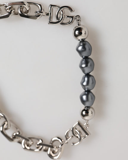 Dolce & Gabbana Silver Tone Chain Lobster Clasp Logo Gray Pearls Bracelet