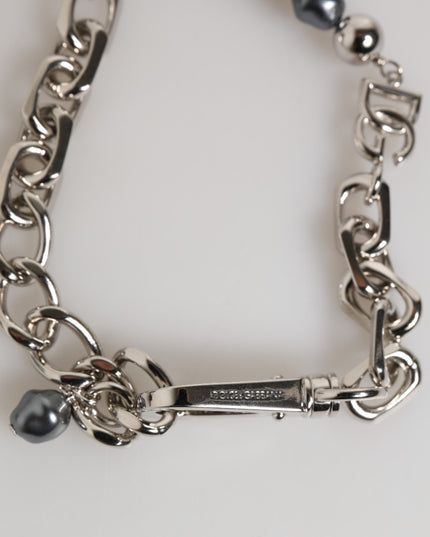 Dolce & Gabbana Silver Tone Chain Lobster Clasp Logo Gray Pearls Bracelet