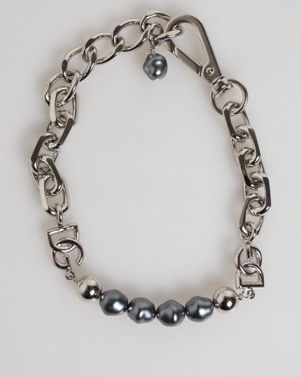 Dolce & Gabbana Silver Tone Chain Lobster Clasp Logo Gray Pearls Bracelet