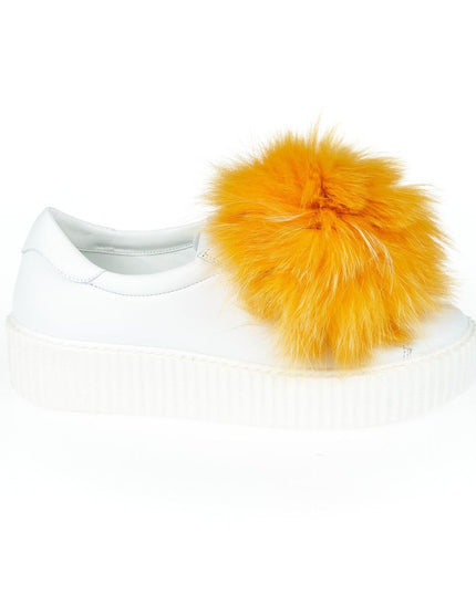 Mr&Mrs Italy White Textile Women Sneaker With Real Fur Pom Poms