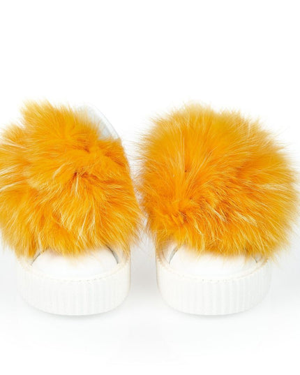 Mr&Mrs Italy White Textile Women Sneaker With Real Fur Pom Poms