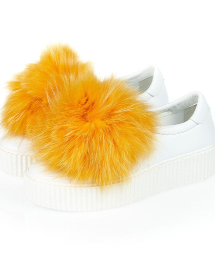 Mr&Mrs Italy White Textile Women Sneaker With Real Fur Pom Poms