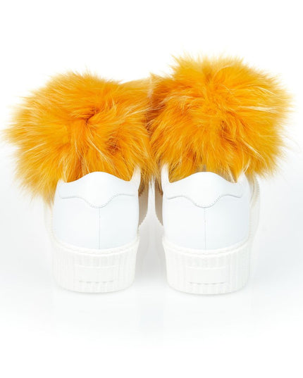 Mr&Mrs Italy White Textile Women Sneaker With Real Fur Pom Poms
