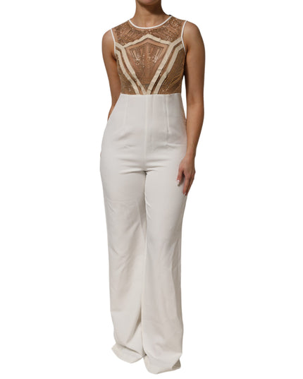 Mangano White Beige Mesh Crystal Embellished Sleeveless Jumpsuit
