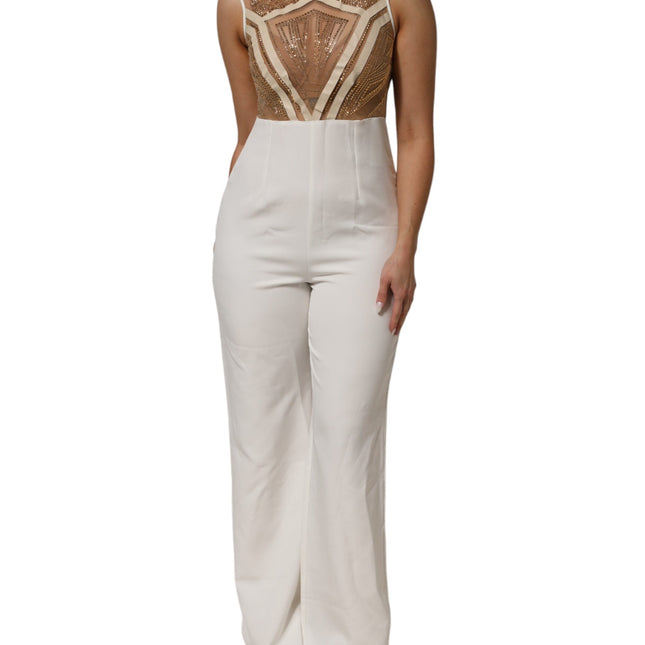 Mangano White Beige Mesh Crystal Embellished Sleeveless Jumpsuit