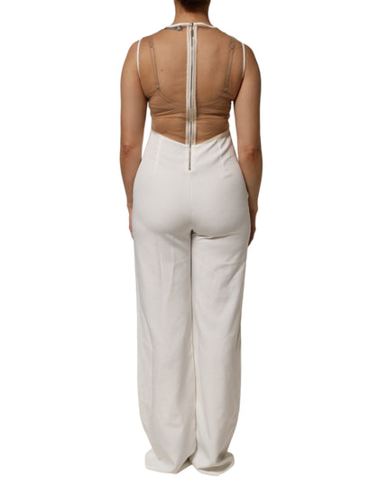 Mangano White Beige Mesh Crystal Embellished Sleeveless Jumpsuit