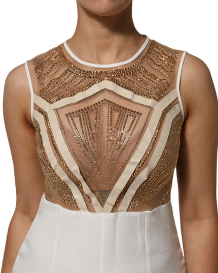 Mangano White Beige Mesh Crystal Embellished Sleeveless Jumpsuit