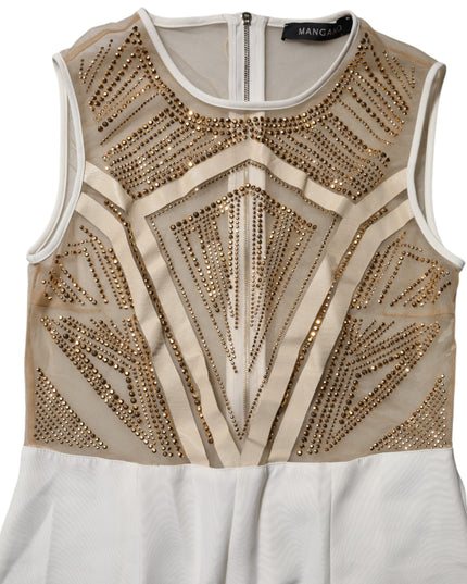 Mangano White Beige Mesh Crystal Embellished Sleeveless Jumpsuit