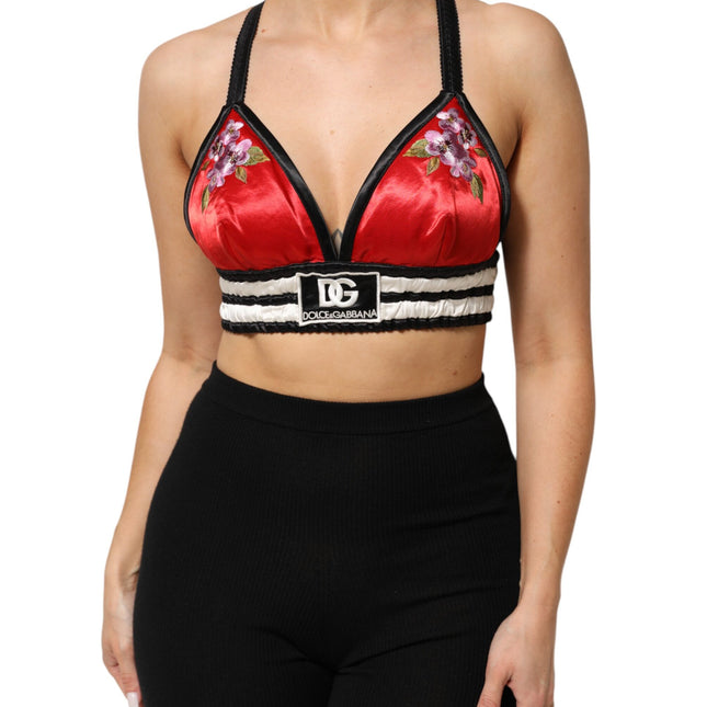 Dolce & Gabbana Red Satin Floral Embroidered Bralette Crop Top