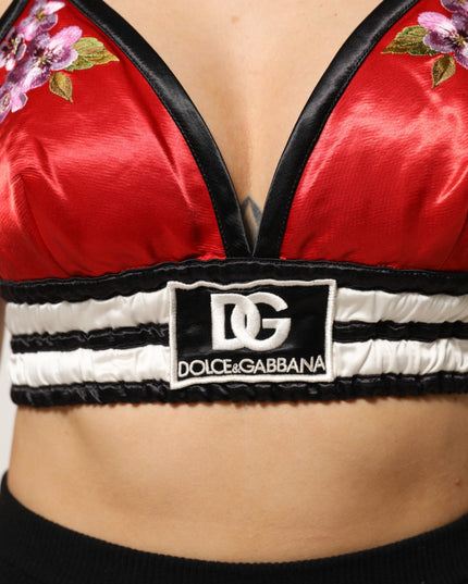 Dolce & Gabbana Red Satin Floral Embroidered Bralette Crop Top