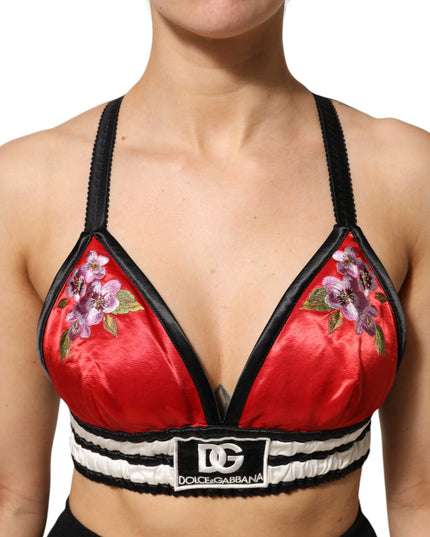 Dolce & Gabbana Red Satin Floral Embroidered Bralette Crop Top