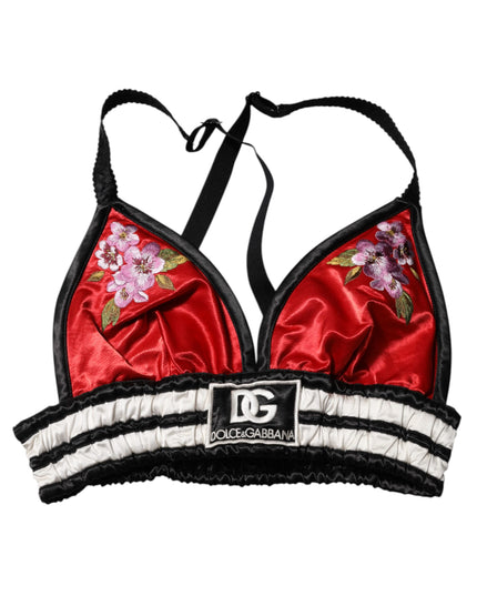 Dolce & Gabbana Red Satin Floral Embroidered Bralette Crop Top