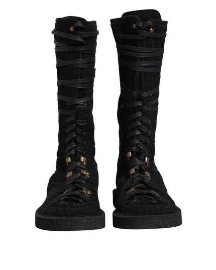 Dolce & Gabbana Black Alpaca Wool Suede Mid Calf Boots Shoes