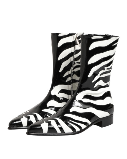 Dolce & Gabbana Black White Zebra Leather Mid Calf Boots Shoes