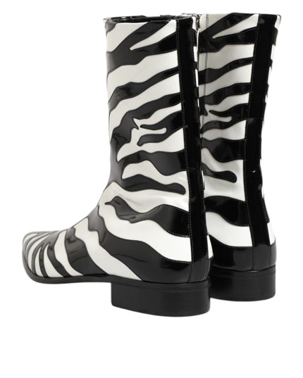 Dolce & Gabbana Black White Zebra Leather Mid Calf Boots Shoes