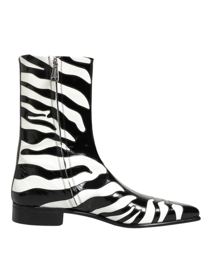 Dolce & Gabbana Black White Zebra Leather Mid Calf Boots Shoes