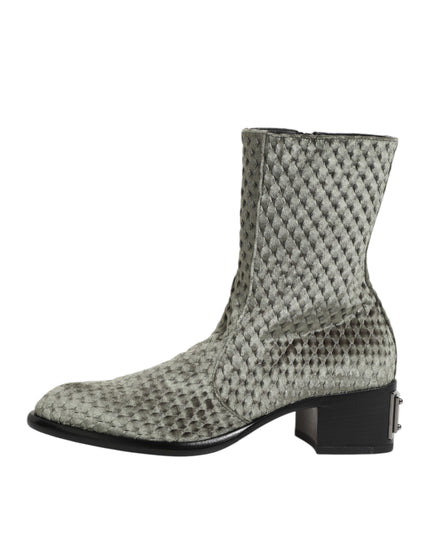 Dolce & Gabbana Gray Cotton Velvet Mid Calf Short Boots Shoes