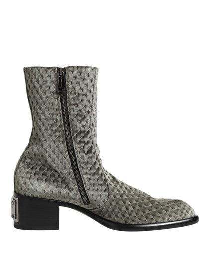 Dolce & Gabbana Gray Cotton Velvet Mid Calf Short Boots Shoes