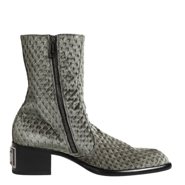 Dolce & Gabbana Gray Cotton Velvet Mid Calf Short Boots Shoes