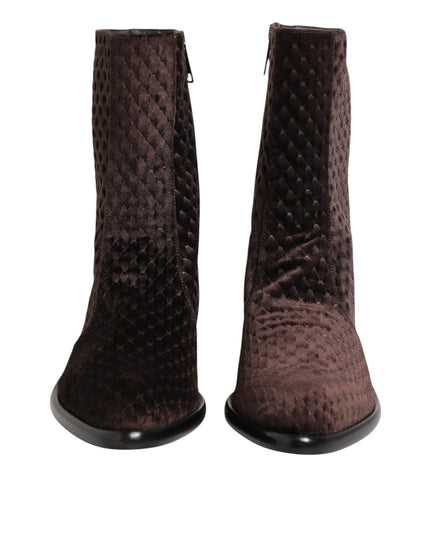 Dolce & Gabbana Brown Cotton Velvet Mid Calf Short Boots Shoes