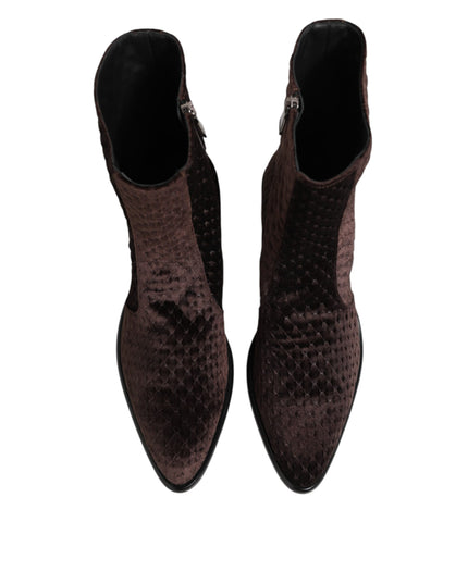 Dolce & Gabbana Brown Cotton Velvet Mid Calf Short Boots Shoes