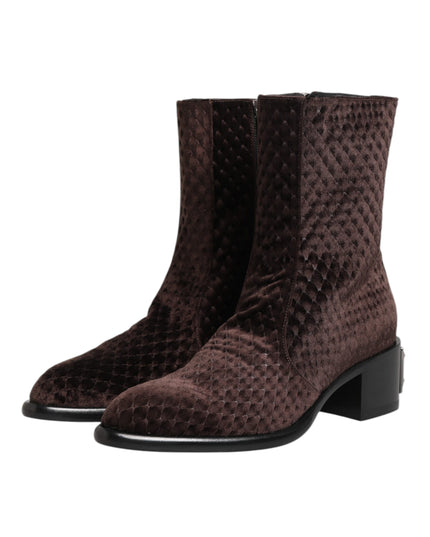 Dolce & Gabbana Brown Cotton Velvet Mid Calf Short Boots Shoes