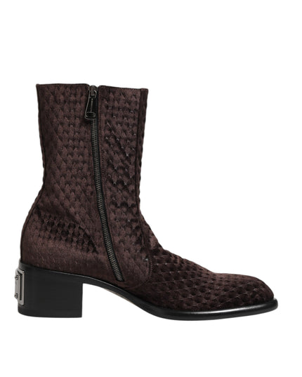 Dolce & Gabbana Brown Cotton Velvet Mid Calf Short Boots Shoes
