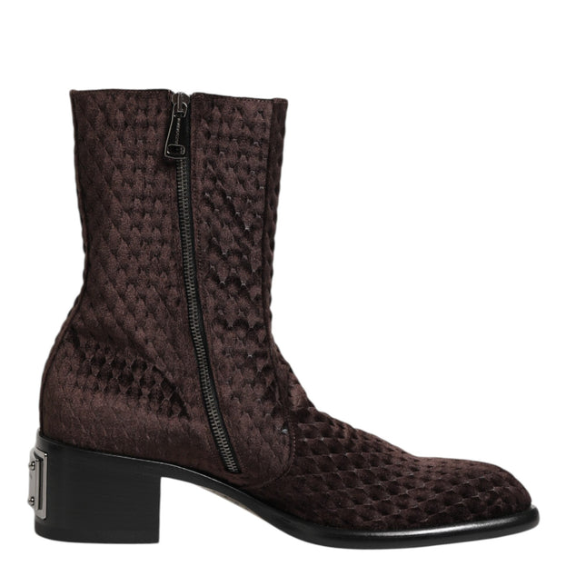 Dolce & Gabbana Brown Cotton Velvet Mid Calf Short Boots Shoes