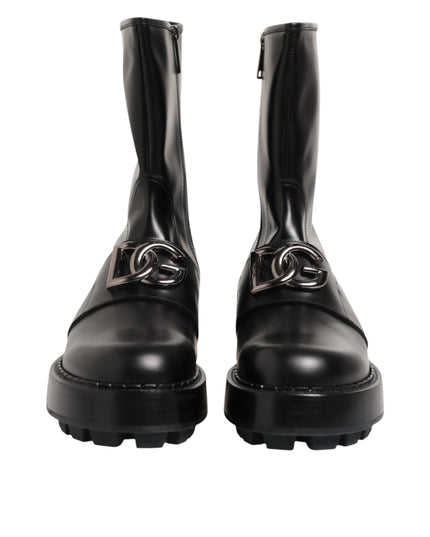 Dolce & Gabbana Black Logo Plaque Mid Calf Biker Boots Shoes