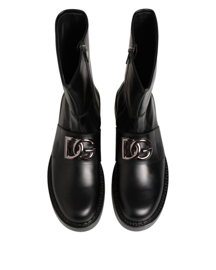 Dolce & Gabbana Black Logo Plaque Mid Calf Biker Boots Shoes
