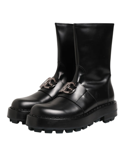 Dolce & Gabbana Black Logo Plaque Mid Calf Biker Boots Shoes