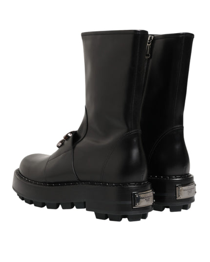 Dolce & Gabbana Black Logo Plaque Mid Calf Biker Boots Shoes