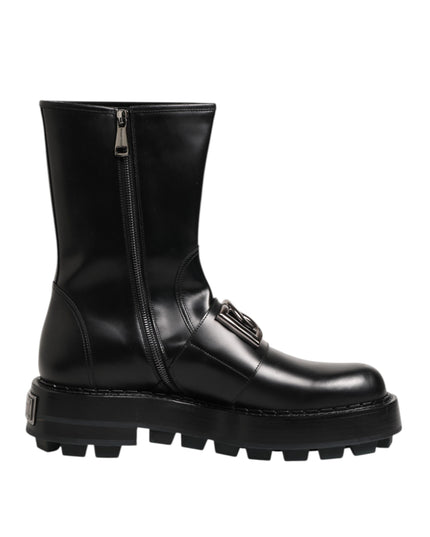 Dolce & Gabbana Black Logo Plaque Mid Calf Biker Boots Shoes