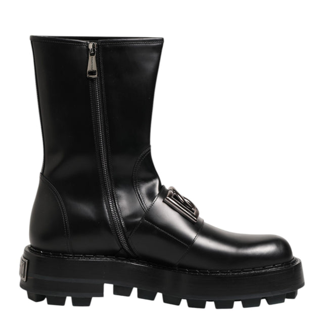 Dolce & Gabbana Black Logo Plaque Mid Calf Biker Boots Shoes