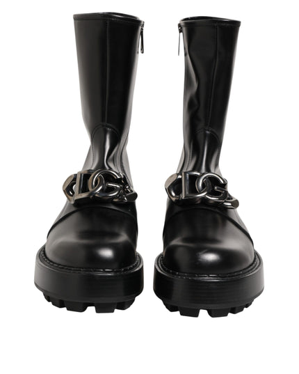 Dolce & Gabbana Black Logo Plaque Mid Calf Biker Boots Shoes