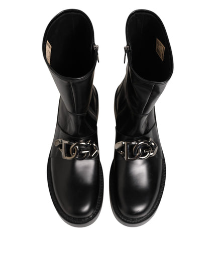 Dolce & Gabbana Black Logo Plaque Mid Calf Biker Boots Shoes