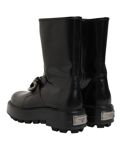 Dolce & Gabbana Black Logo Plaque Mid Calf Biker Boots Shoes