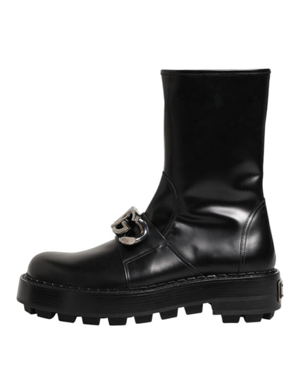 Dolce & Gabbana Black Logo Plaque Mid Calf Biker Boots Shoes
