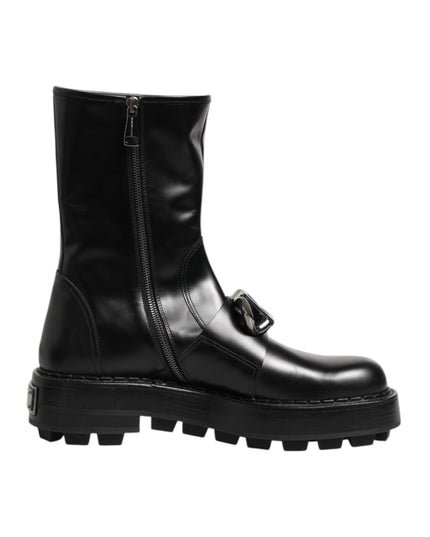 Dolce & Gabbana Black Logo Plaque Mid Calf Biker Boots Shoes
