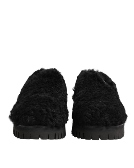 Dolce & Gabbana Dress Black Fur Leather Slippers Men Shoes